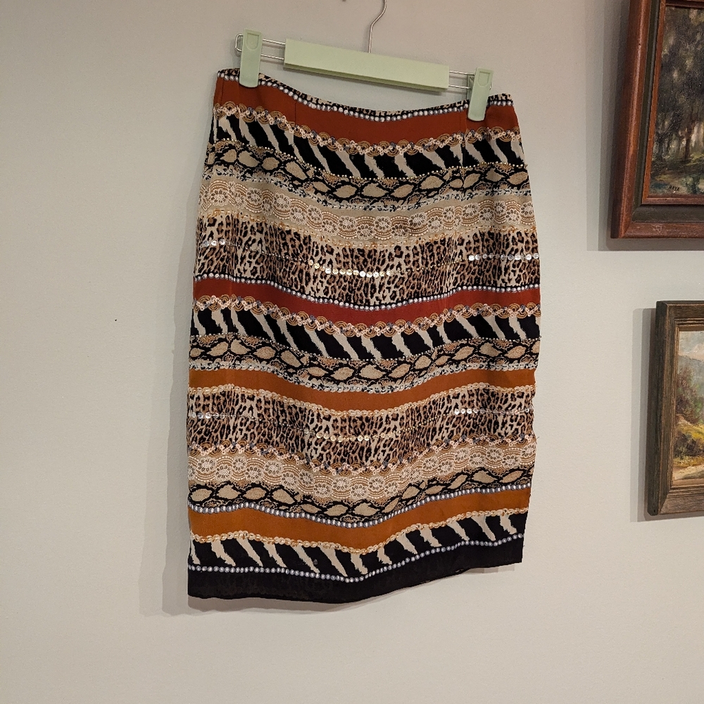 90s Vintage Size 6 Mixed Animal Print Silk Pencil Skirt Beaded Front MobWife 174